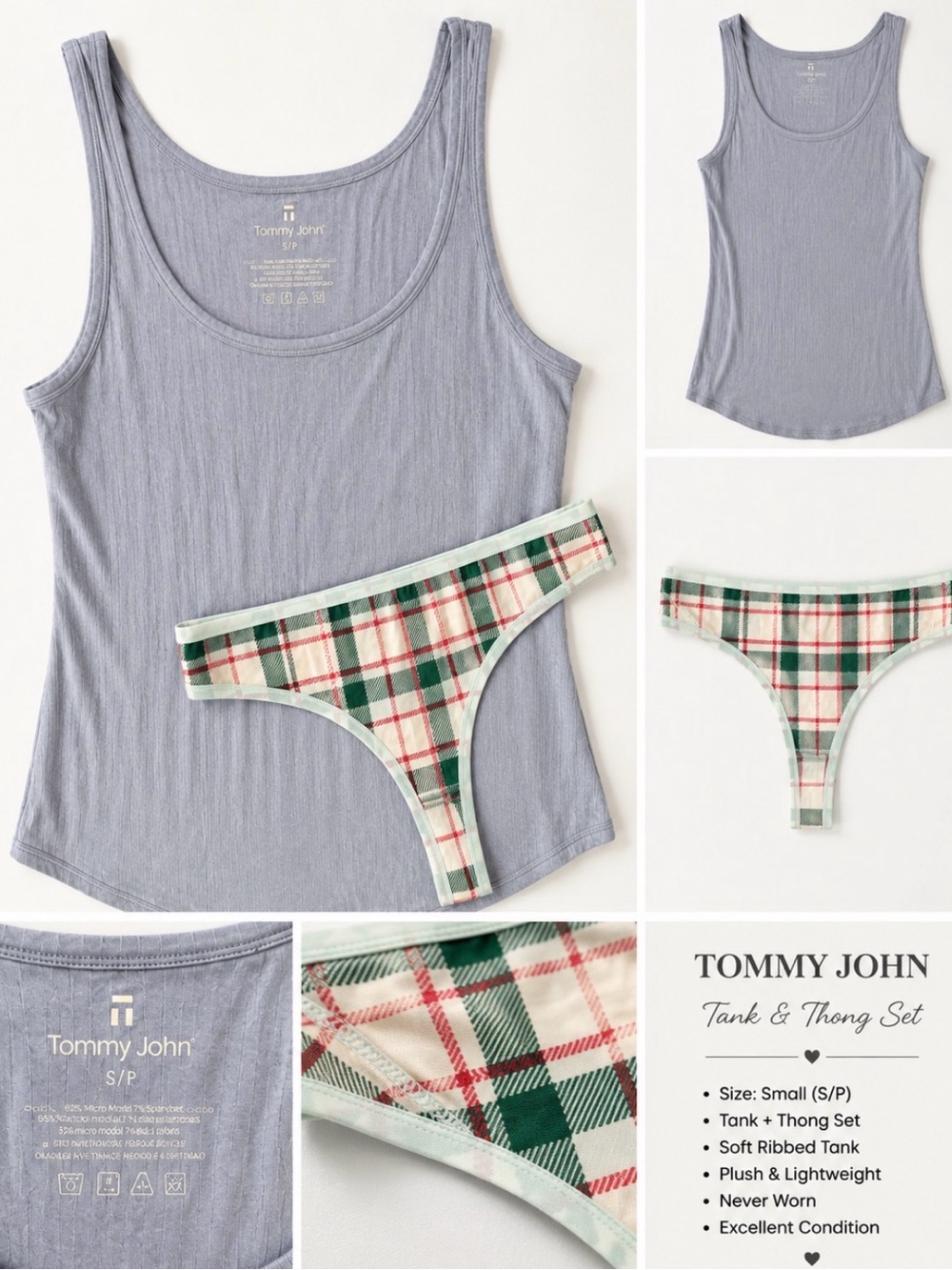 Tommy John Lavender Ribbed Tank with Green & Red Plaid Thong